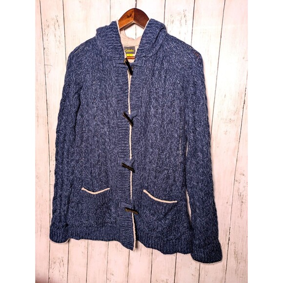 Cabela’s Blue Cable Knit Toggle Hoodie Jacket Womens Size M Cozy Sherpa Lined - Picture 9 of 9